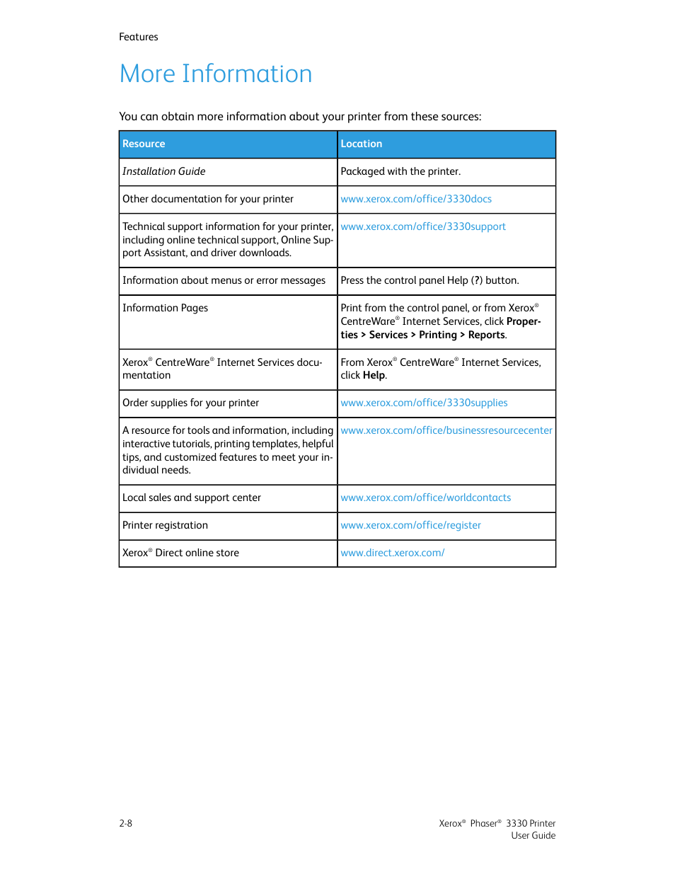 More information, More information -8 | Xerox Phaser 3330 User Manual | Page 26 / 114