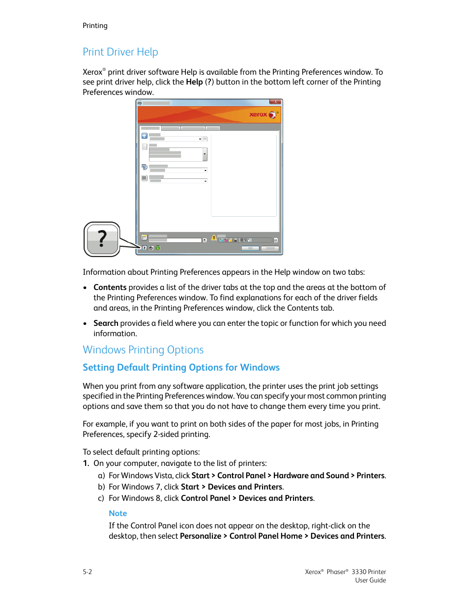 Print driver help, Windows printing options, Setting default printing options for windows | Print driver help -2 windows printing options -2, Setting default printing options for windows -2, Setting default printing, Options for windows | Xerox Phaser 3330 User Manual | Page 56 / 114