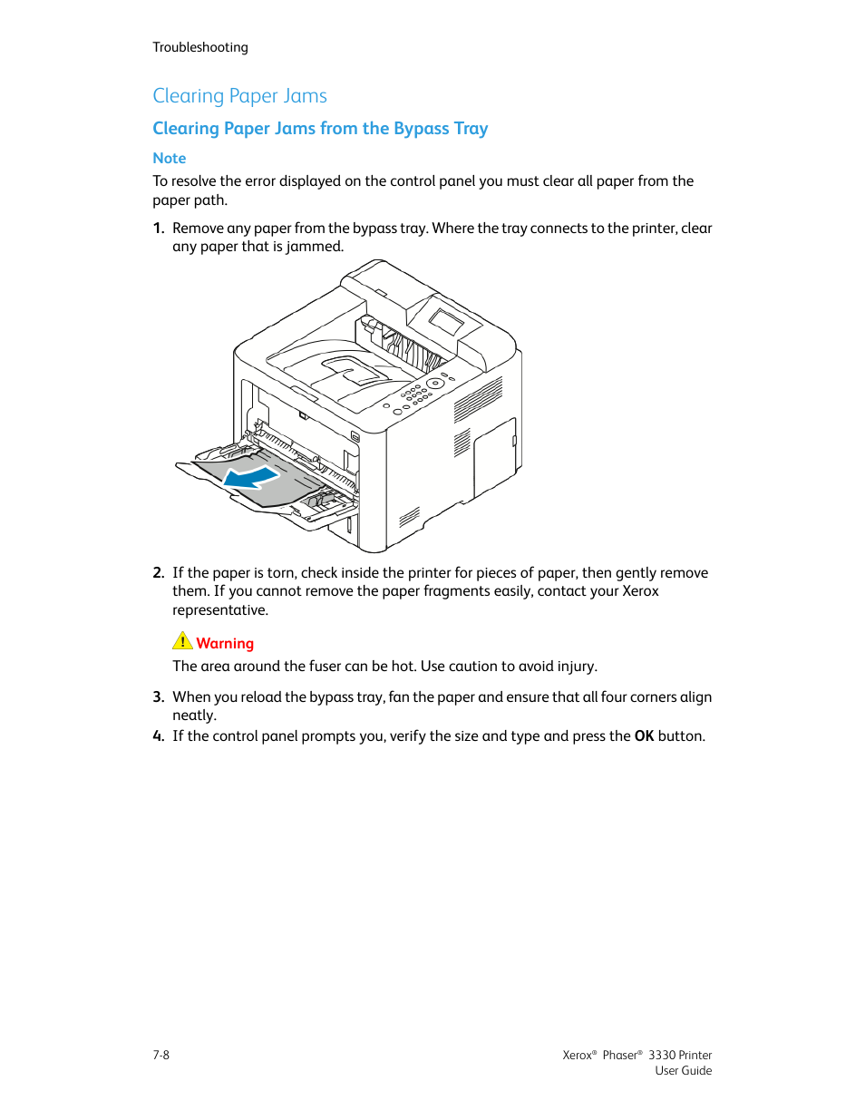 Clearing paper jams, Clearing paper jams from the bypass tray, Clearing paper jams -8 | Clearing paper jams from the bypass tray -8 | Xerox Phaser 3330 User Manual | Page 76 / 114