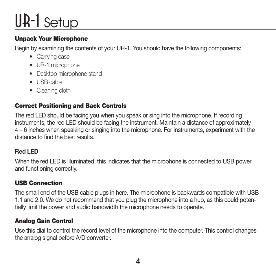 Setup | Marshall Electronics MXL UR-1 User Manual | Page 4 / 12
