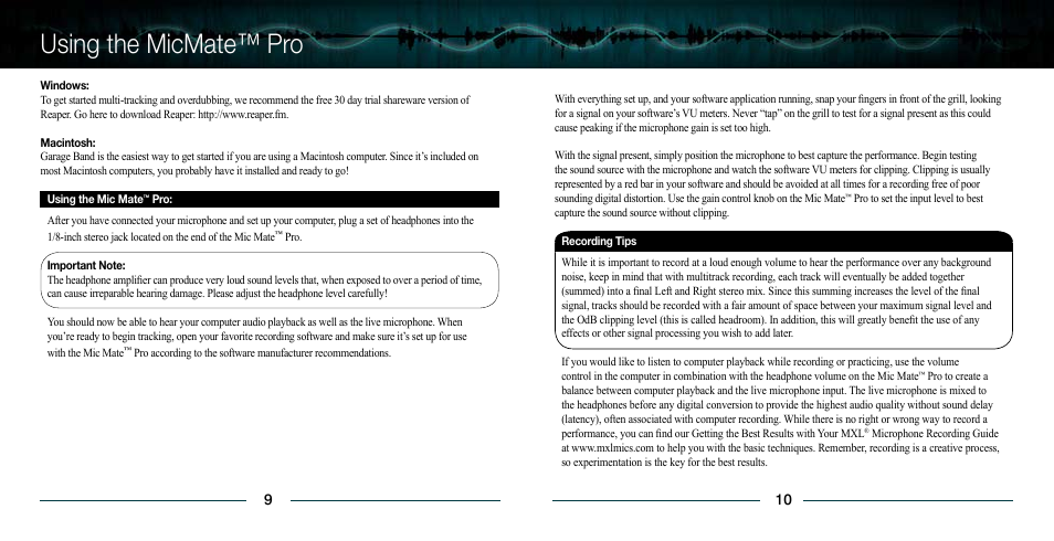 Using the micmate™ pro | MXL USB Mic Mate Pro User Manual | Page 6 / 7