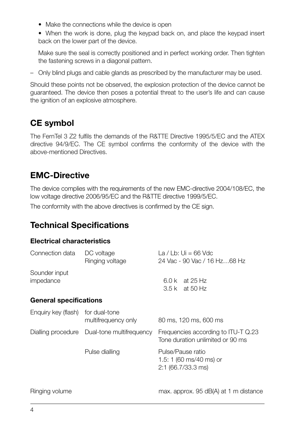 Ce symbol, Emc-directive, Technical specifications | MEDC Ex FernTel User Manual | Page 4 / 8