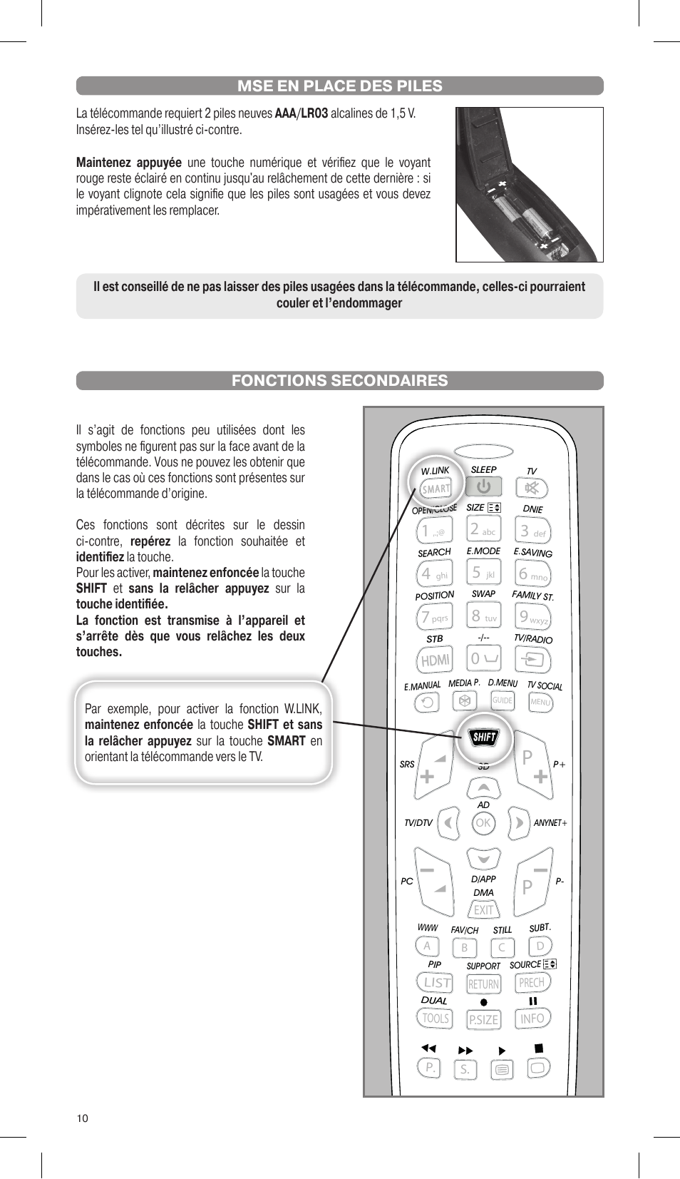 Fonctions secondaires mse en place des piles | Meliconi Gumbody Personal 1 for SAMSUNG User Manual | Page 10 / 20