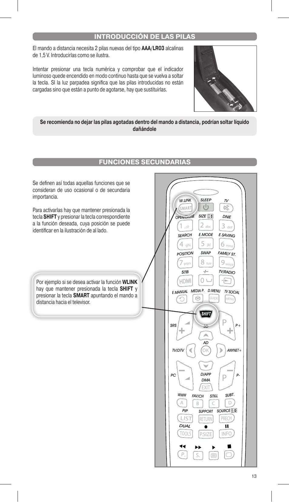 Funciones secundarias introducción de las pilas, Hdmi | Meliconi Gumbody Personal 1 for SAMSUNG User Manual | Page 13 / 20