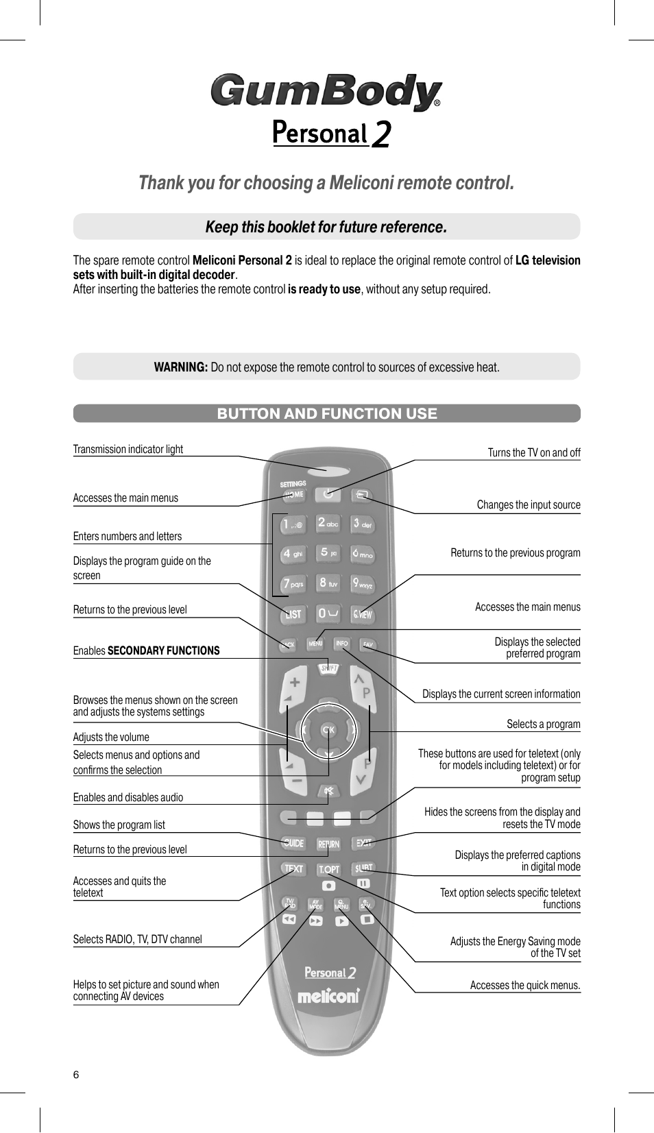 Keep this booklet for future reference, Button and function use | Meliconi Gumbody Personal 2 for LG User Manual | Page 6 / 20