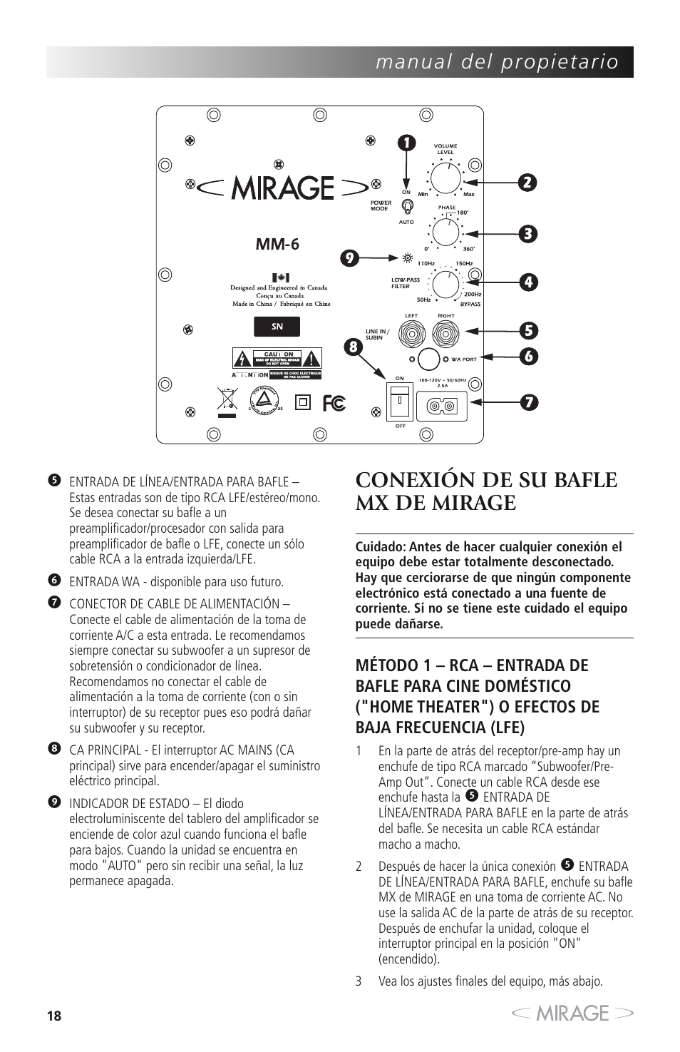 Conexión de su bafle mx de mirage | Mirage MX 5.1 User Manual | Page 18 / 72