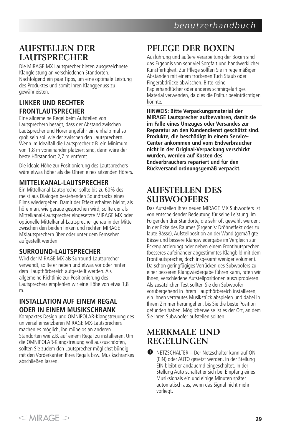 Aufstellen der lautsprecher, Pflege der boxen, Aufstellen des subwoofers | Merkmale und regelungen | Mirage MX 5.1 User Manual | Page 29 / 72