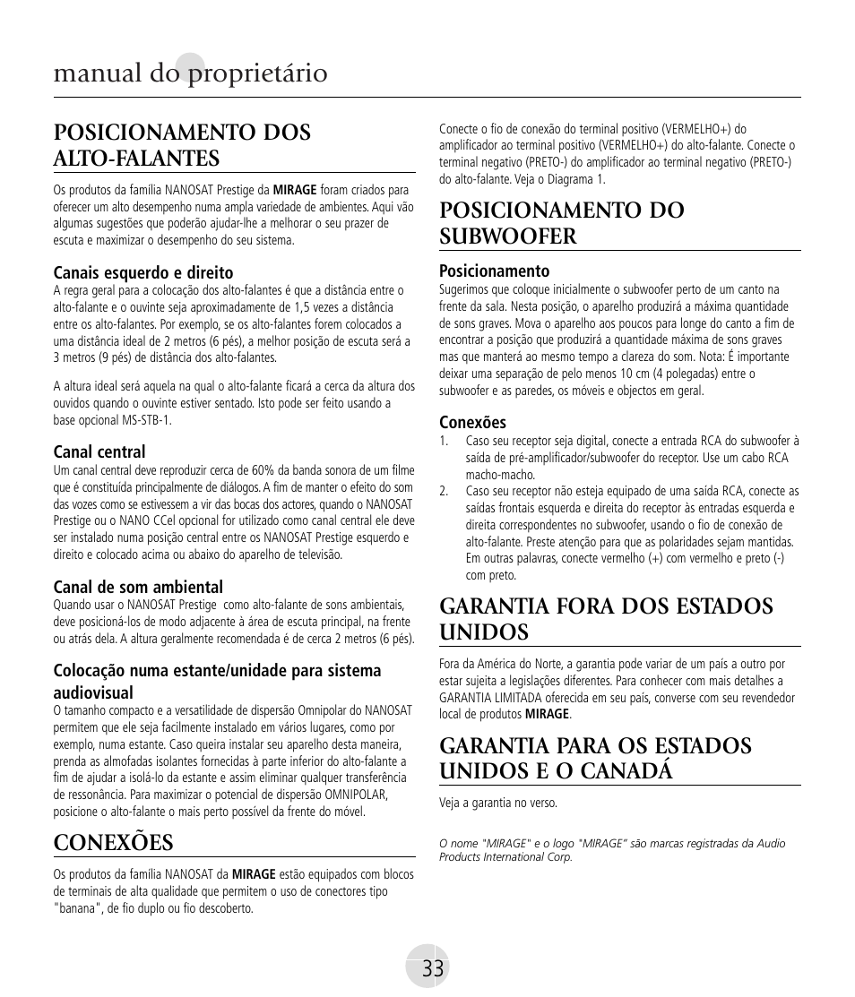Manual do proprietário, Posicionamento dos alto-falantes, Conexões | Posicionamento do subwoofer, Garantia fora dos estados unidos, Garantia para os estados unidos e o canadá | Mirage Nanosat® Prestige User Manual | Page 33 / 44