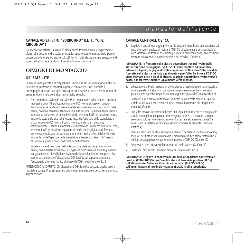 Opzioni di montaggio | Mirage OS³-FS User Manual | Page 12 / 36