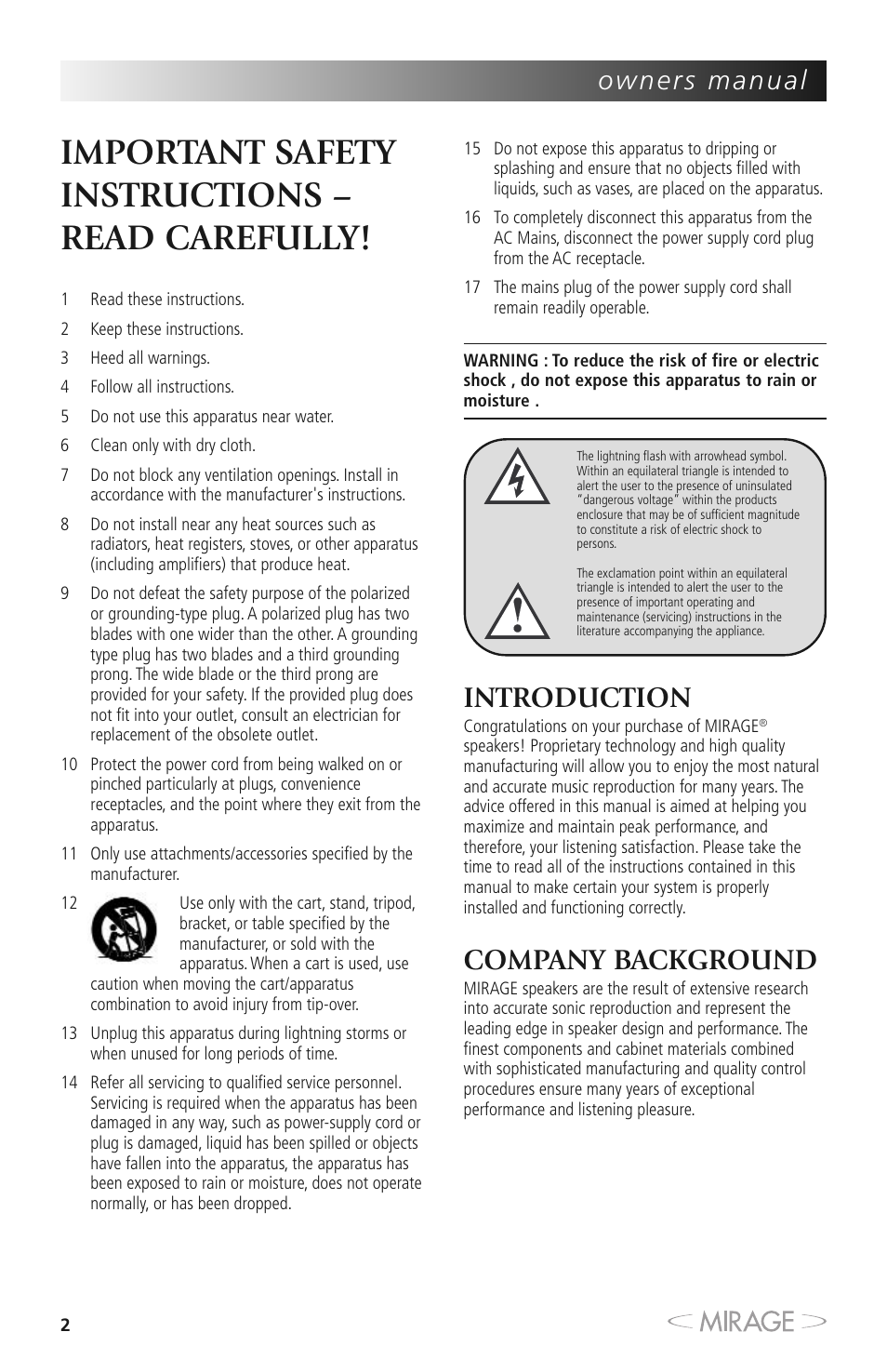 Important safety instructions – read carefully, Introduction, Company background | Mirage MM-8 User Manual | Page 2 / 44