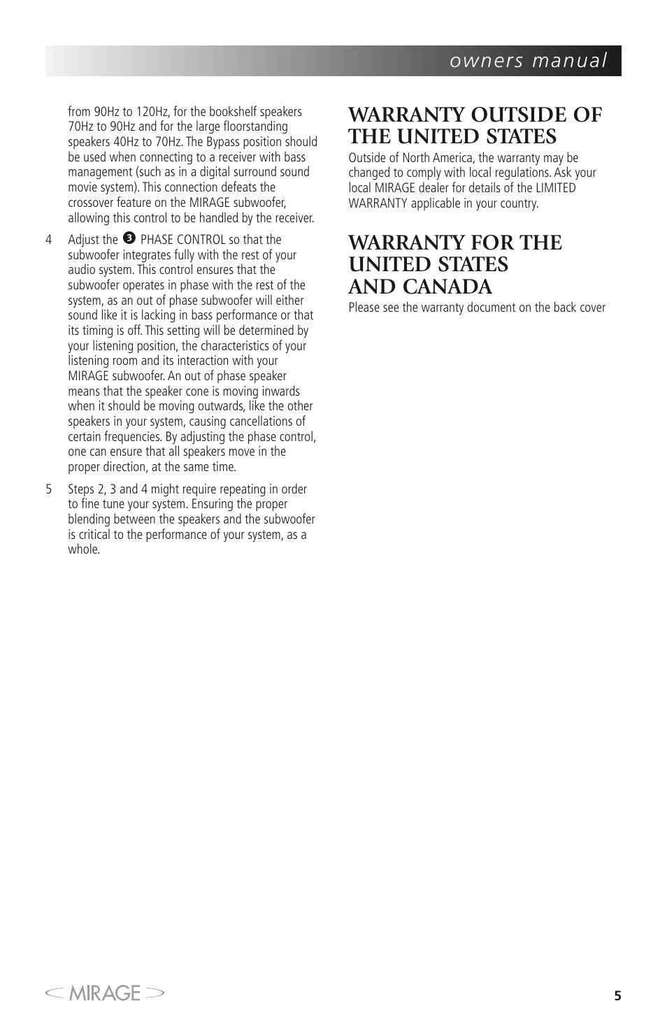 Warranty outside of the united states, Warranty for the united states and canada | Mirage MM-8 User Manual | Page 5 / 44
