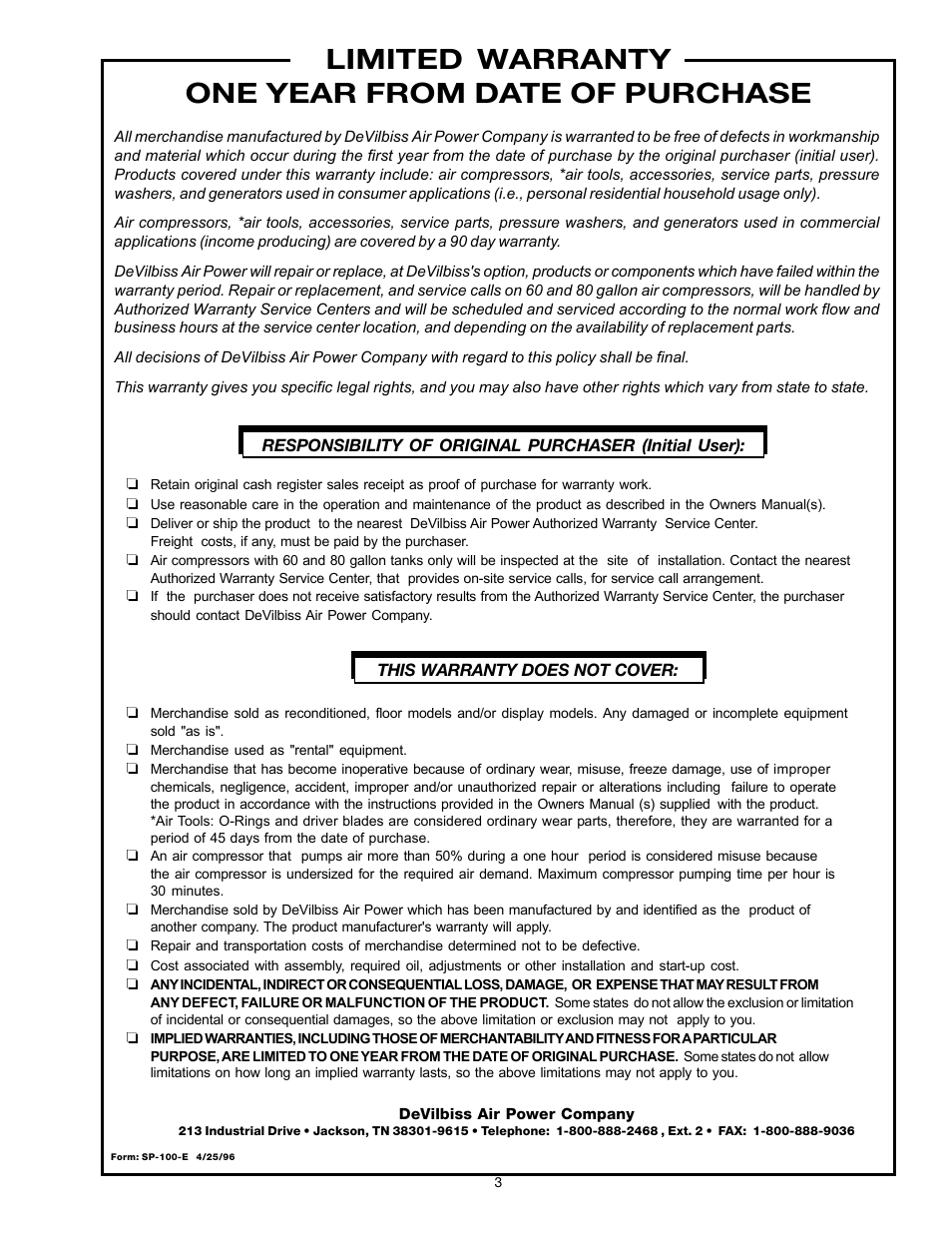 Limited warranty one year from date of purchase | DeVillbiss Air Power Company MGP-1218 User Manual | Page 3 / 12