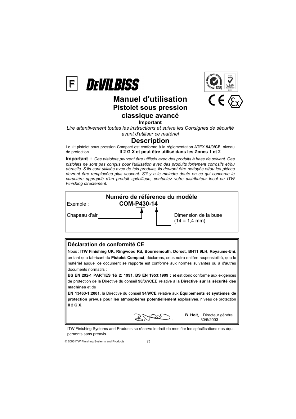 Manuel d'utilisation, Pistolet sous pression classique avancé, Description | DeVilbiss SB-E2-2-531 User Manual | Page 12 / 32