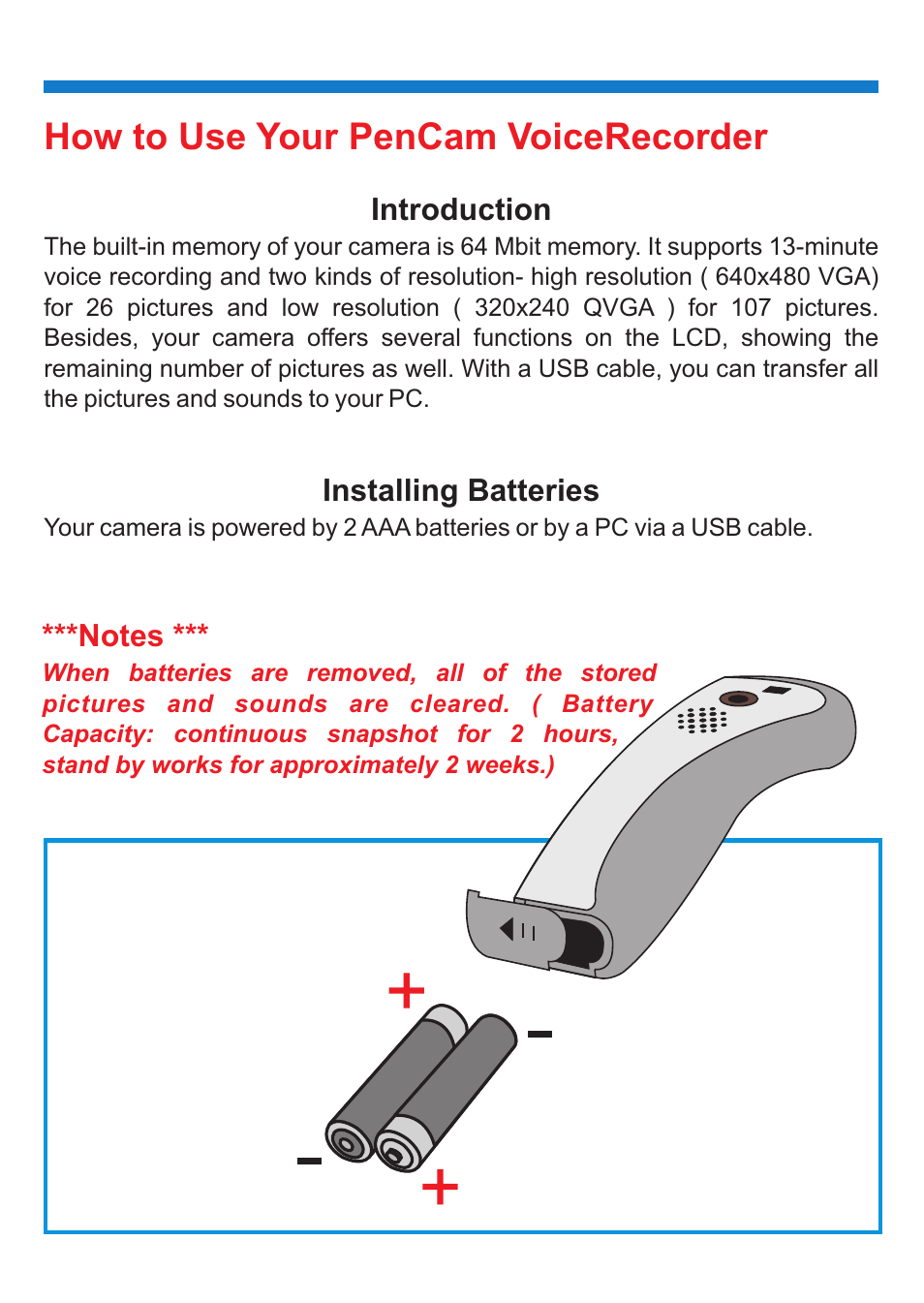 How to use your pencam voicerecorder, Introduction, Installing batteries | 'da Products PENCAM VOICE User Manual | Page 12 / 34