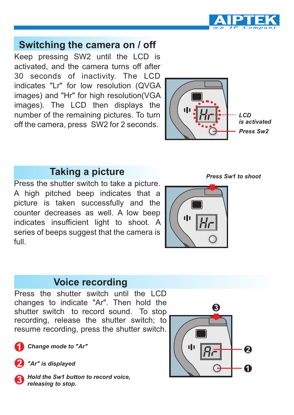 Switching the camera on / off, Taking a picture, Voice recording | 'da Products PENCAM VOICE User Manual | Page 15 / 34