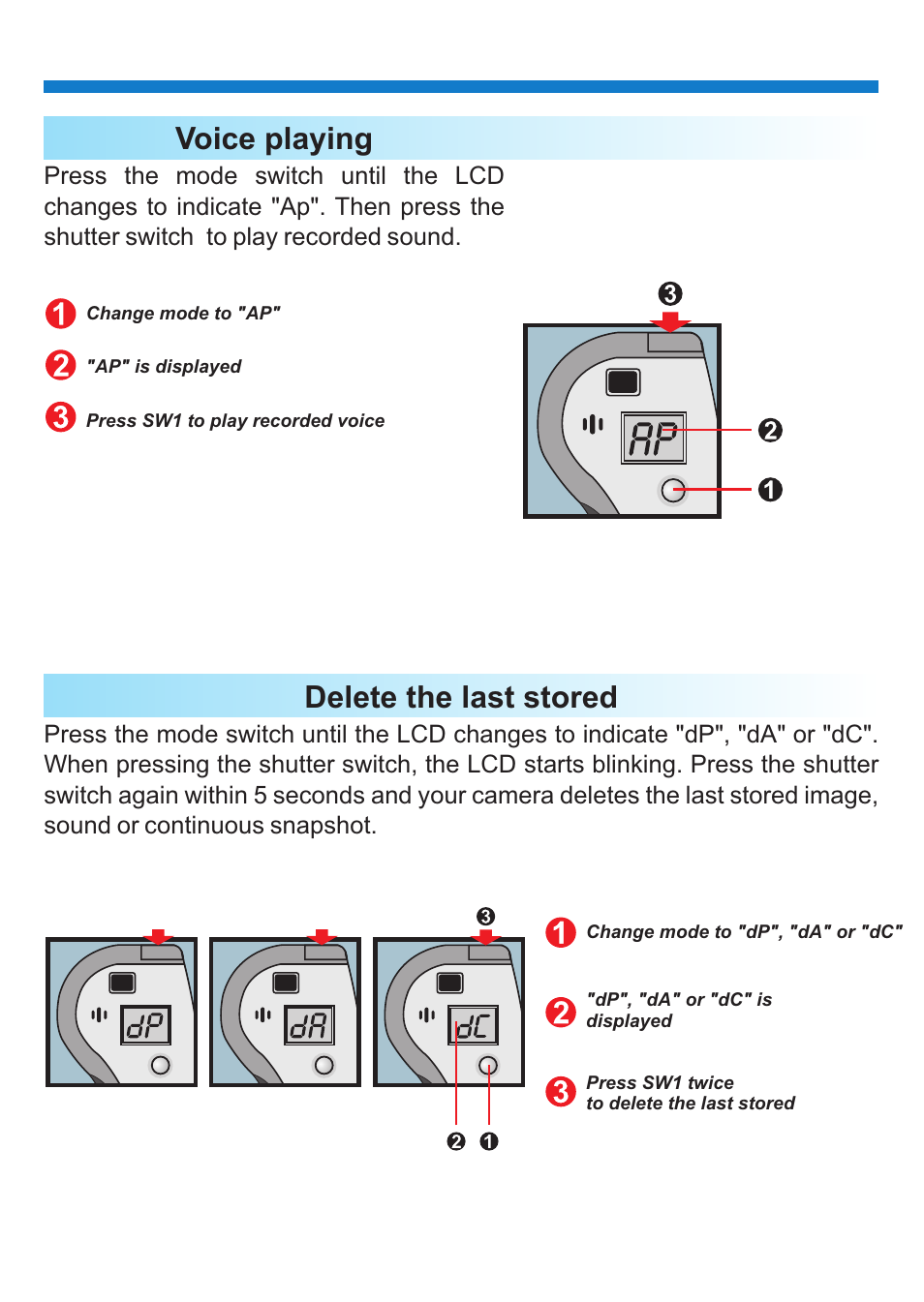 Voice playing, Delete the last stored | 'da Products PENCAM VOICE User Manual | Page 16 / 34