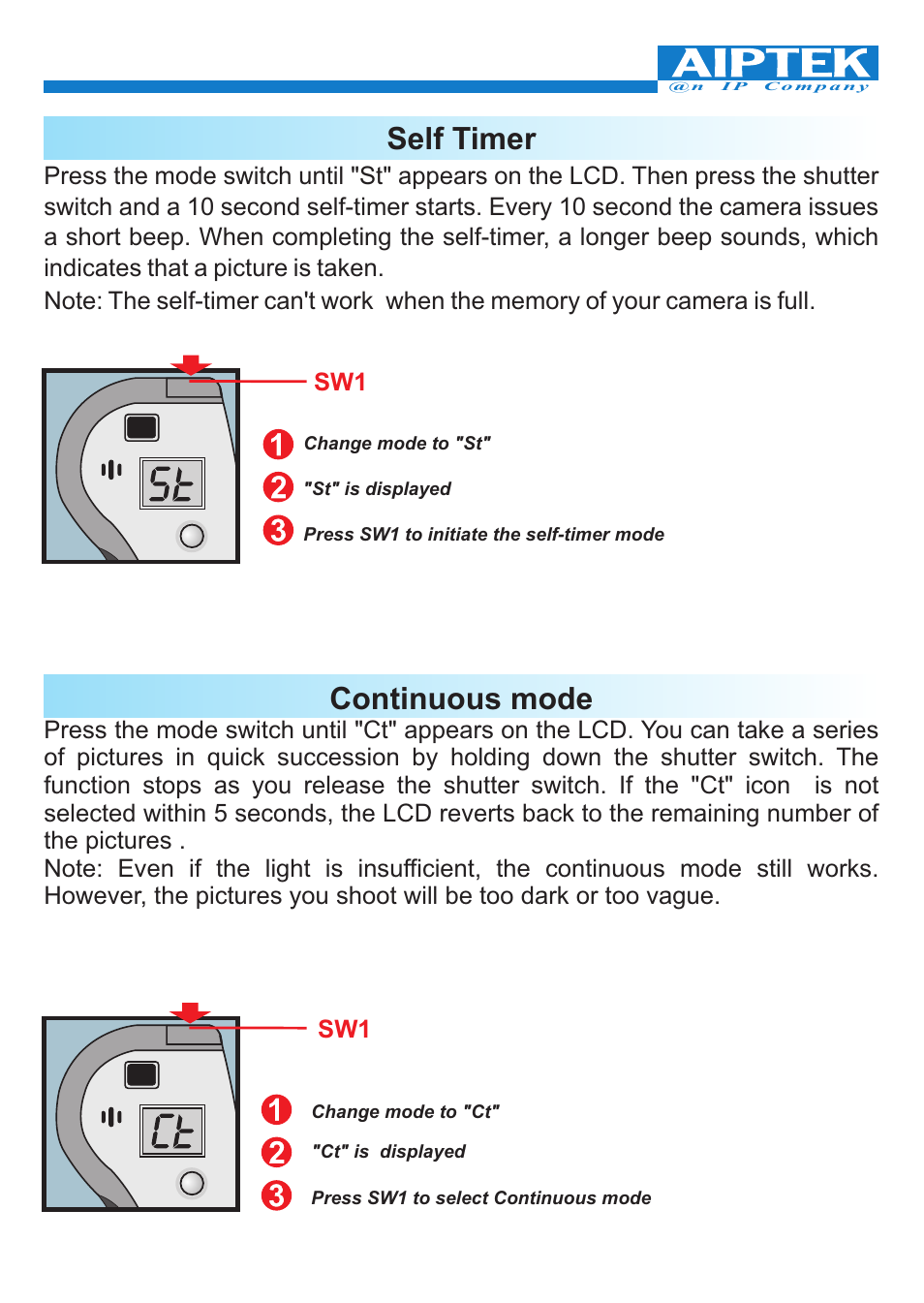 Self timer, Continuous mode | 'da Products PENCAM VOICE User Manual | Page 17 / 34