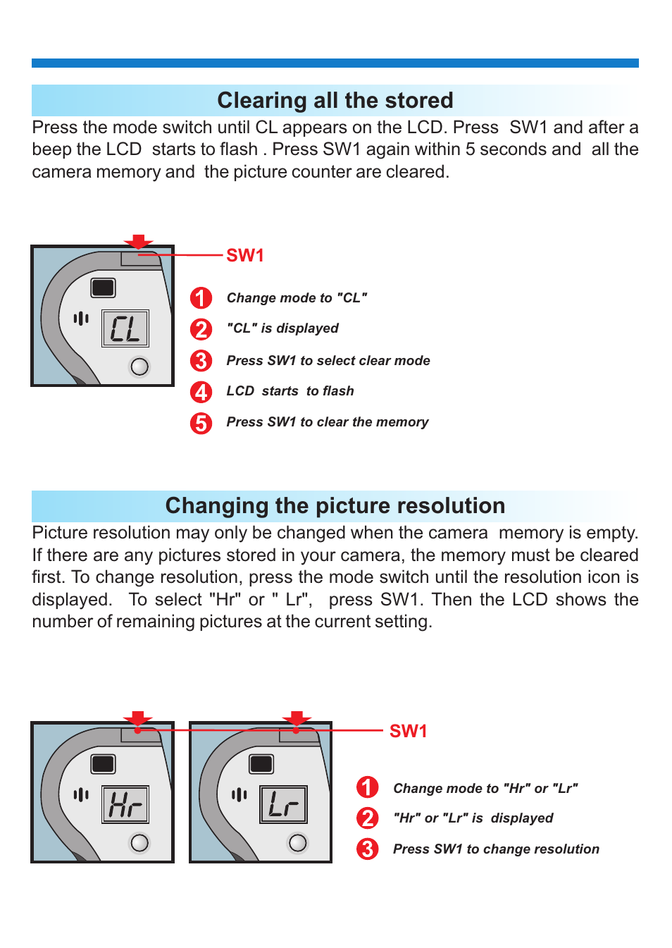 Clearing all the stored, Changing the picture resolution | 'da Products PENCAM VOICE User Manual | Page 18 / 34