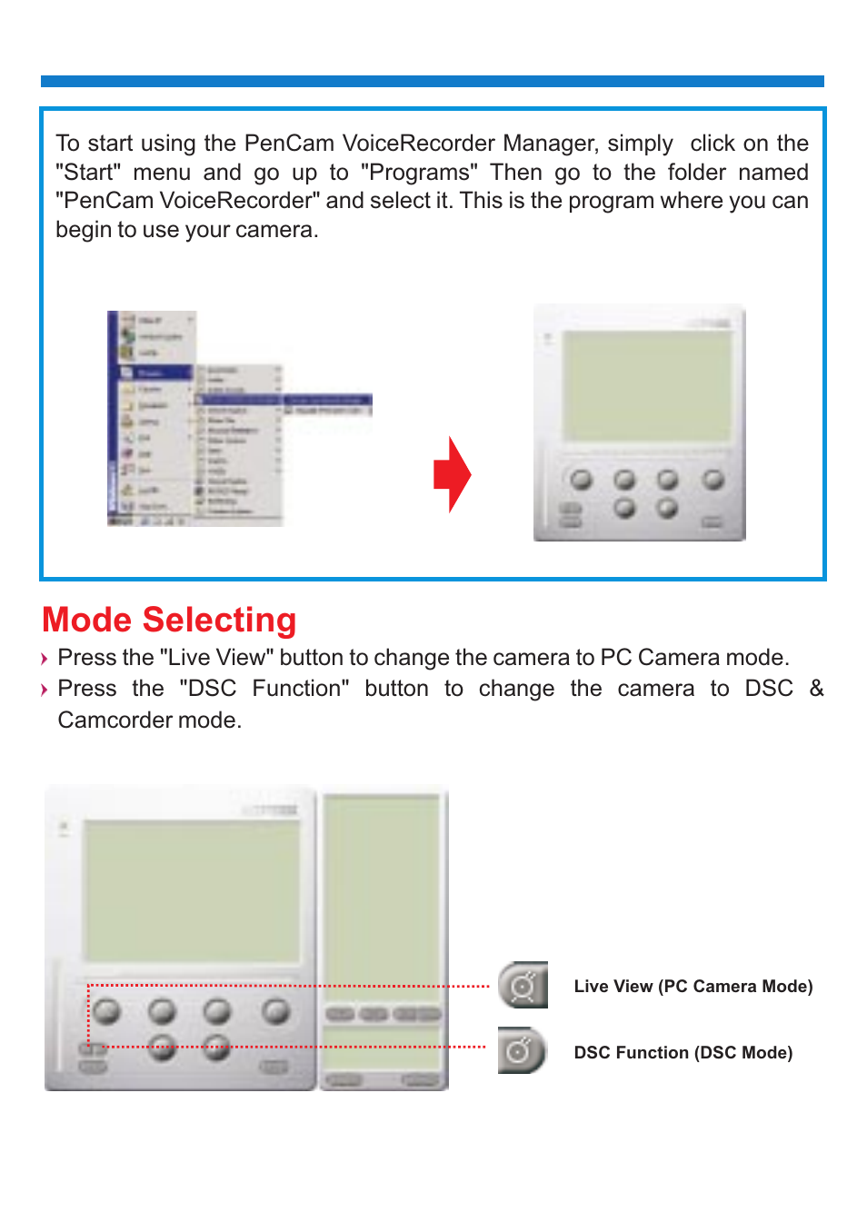 Mode selecting | 'da Products PENCAM VOICE User Manual | Page 22 / 34