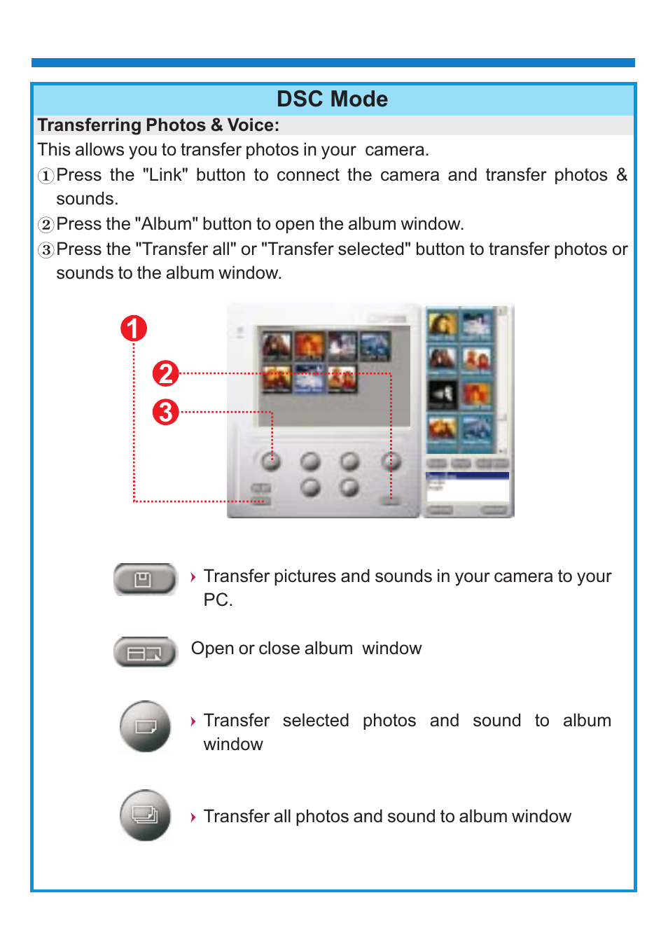 Dsc mode, Transferring photos & voice | 'da Products PENCAM VOICE User Manual | Page 24 / 34
