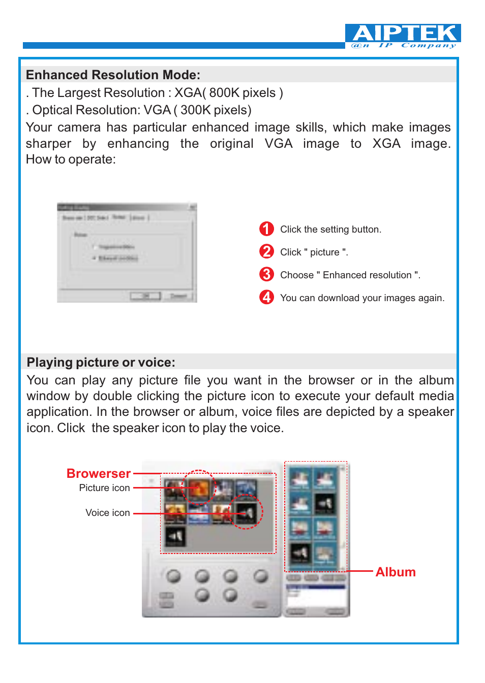 Enhanced resolution mode, Playing picture or voice | 'da Products PENCAM VOICE User Manual | Page 25 / 34