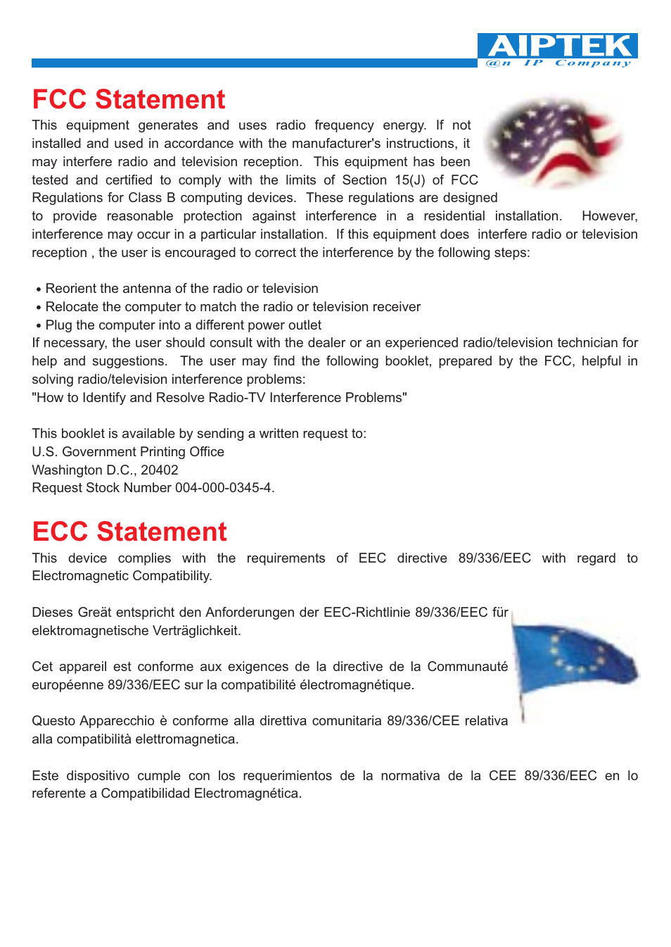 Fcc statement, Ecc statement, Fcc statement ecc statement | 'da Products PENCAM VOICE User Manual | Page 3 / 34