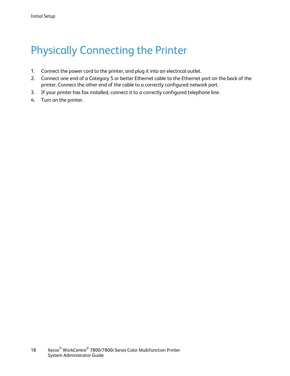 Physically connecting the printer | Xerox WorkCentre 7835ii User Manual | Page 18 / 284