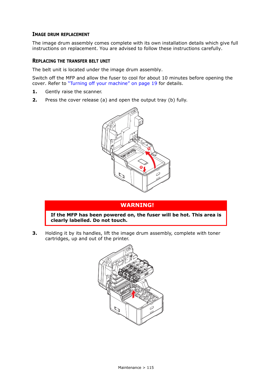 Image drum replacement, Replacing the transfer belt unit | Oki MC363dn User Manual | Page 115 / 146