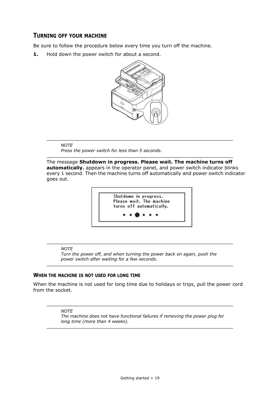 Turning off your machine, When the machine is not used for long time | Oki MC363dn User Manual | Page 19 / 146