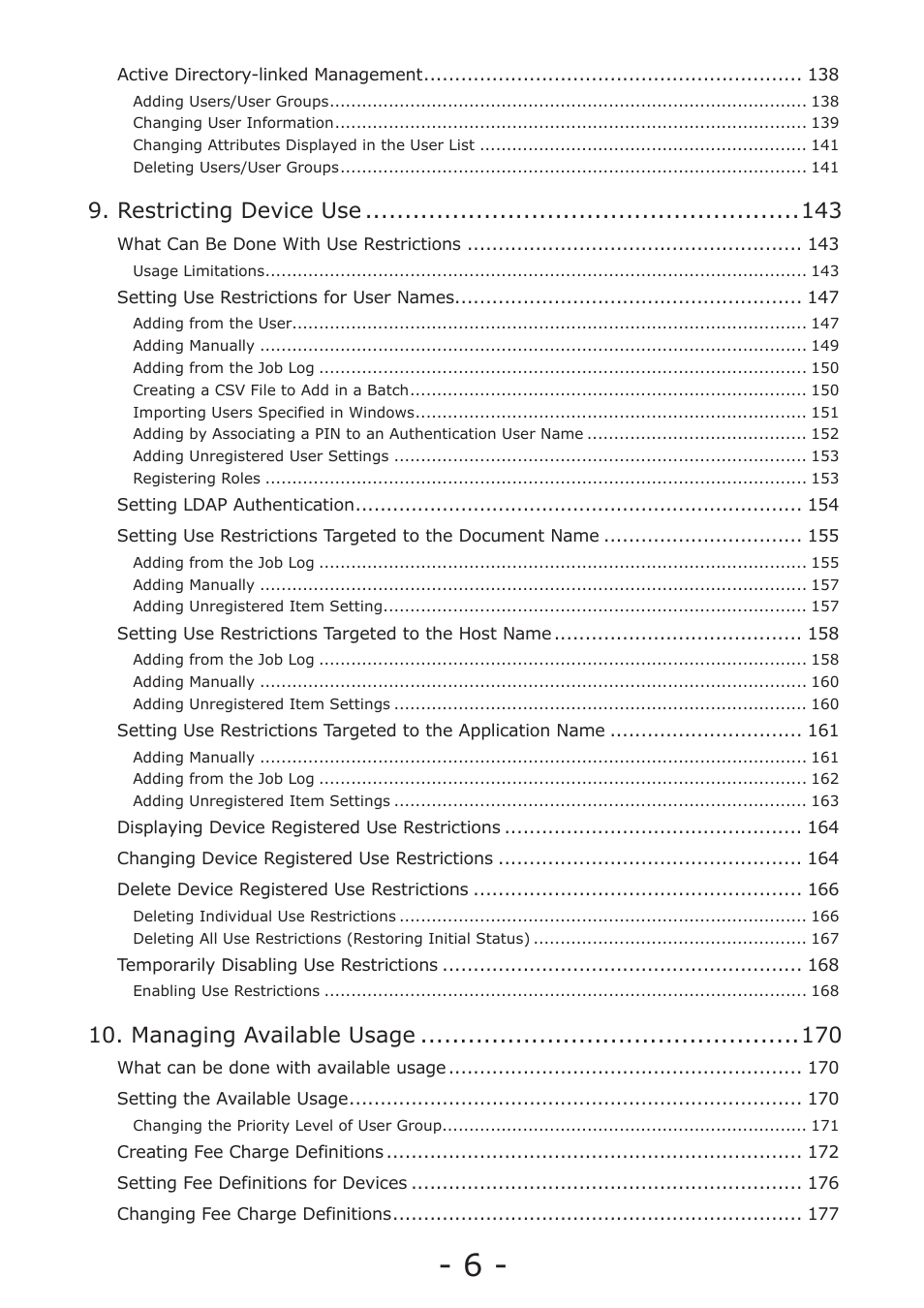 Restricting device use, Managing available usage | Oki MC363dn User Manual | Page 6 / 257