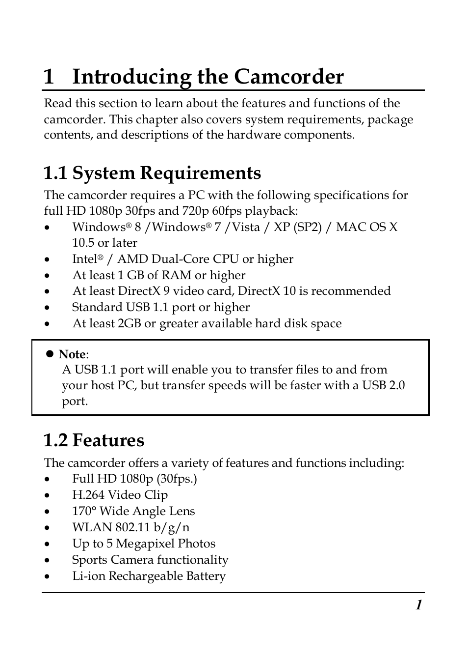 1 introducing the camcorder, 1 system requirements, 2 features | PRAKTICA SC1 User Manual | Page 13 / 65
