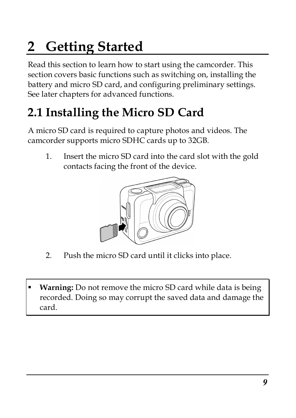 2 getting started, 1 installing the micro sd card | PRAKTICA SC1 User Manual | Page 21 / 65