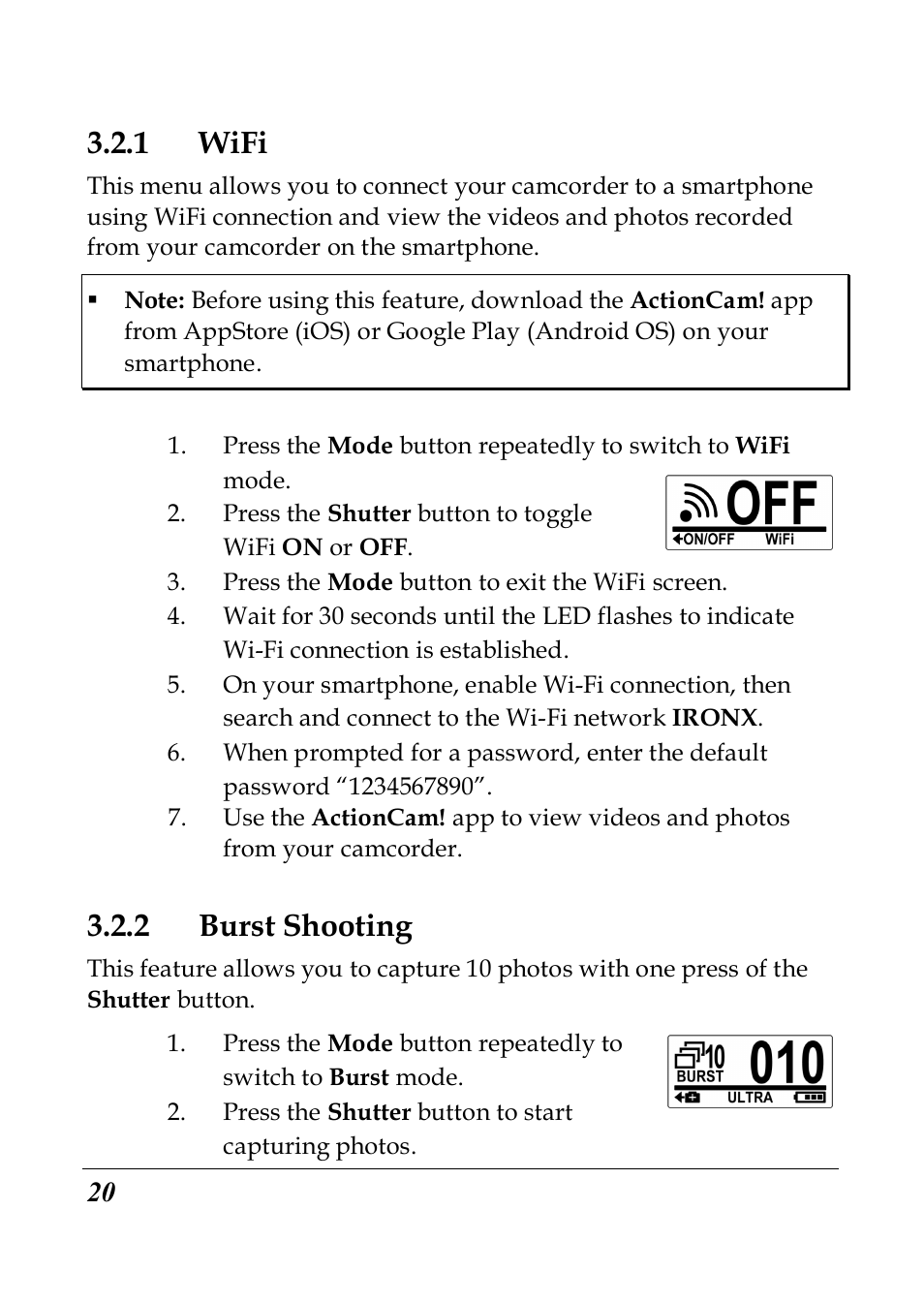 1 wifi, 2 burst shooting | PRAKTICA SC1 User Manual | Page 32 / 65