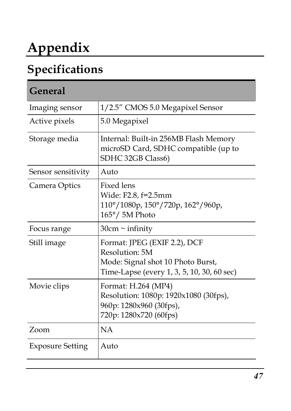 Appendix, Specifications, General | PRAKTICA SC1 User Manual | Page 59 / 65
