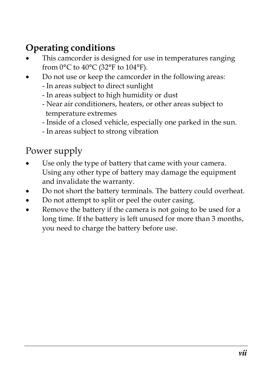 Operating conditions, Power supply | PRAKTICA SC1 User Manual | Page 8 / 65