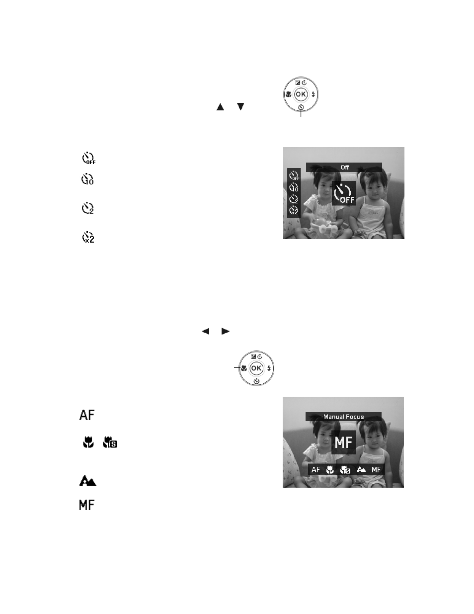 Using self-timer, Setting the focus mode, Focus/left button | PRAKTICA luxmedia 18-Z36C User Manual | Page 24 / 65