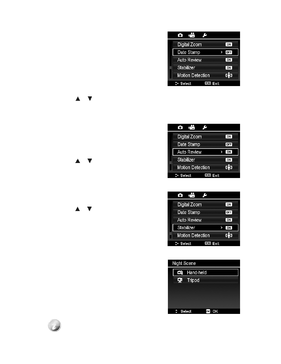 Setting the date stamp, Setting auto review, Setting stabilizer | Setting night scene, Ound. see "setting night scene" on p, Ge 41 for more details | PRAKTICA luxmedia 18-Z36C User Manual | Page 41 / 65