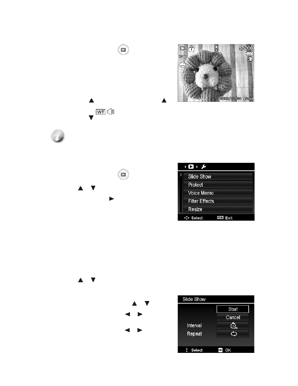 Playing voice memo, Playback menu, Slide show | PRAKTICA luxmedia 18-Z36C User Manual | Page 46 / 65