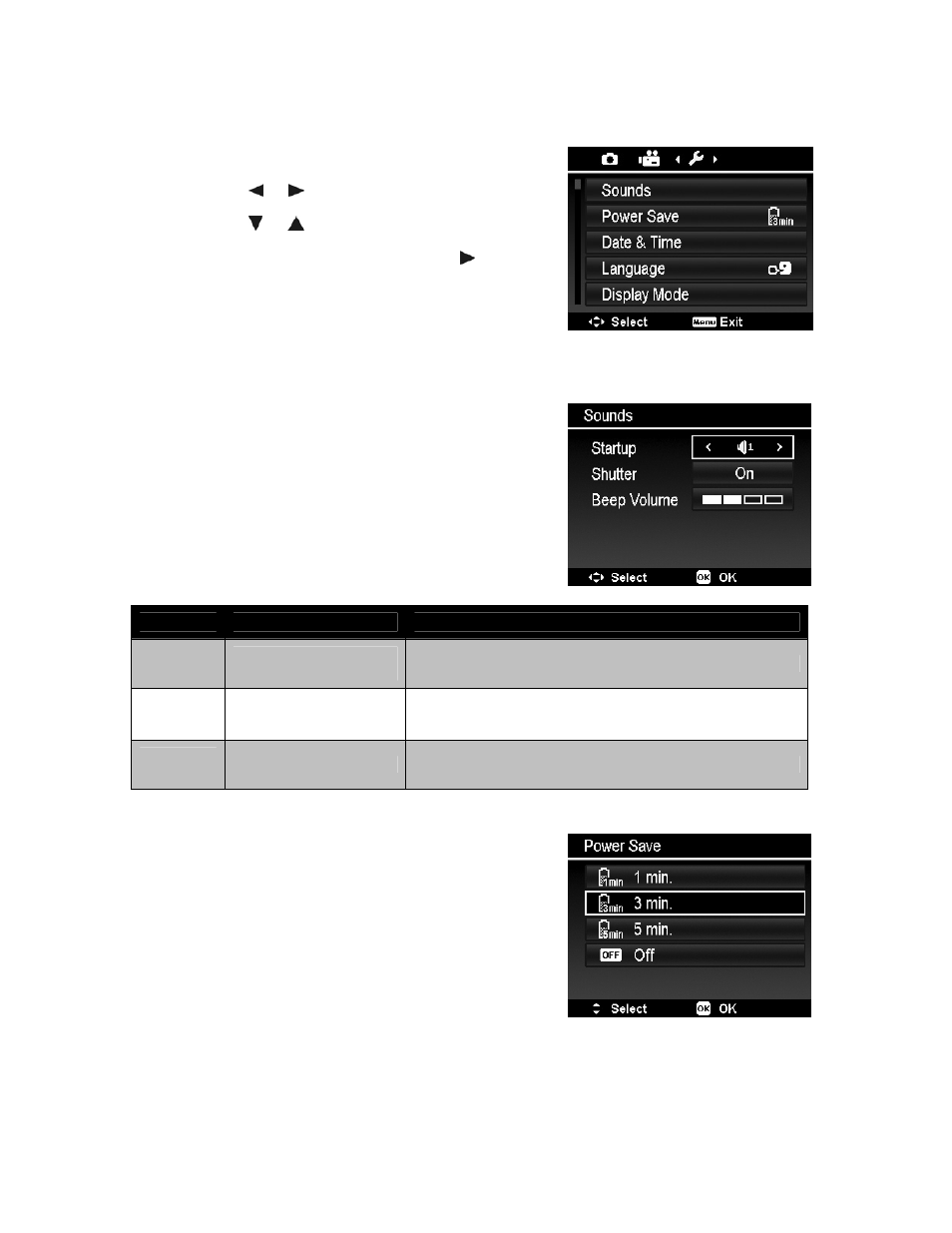 Using the setup menu, Setting sounds, Startup | Setting power save | PRAKTICA luxmedia 18-Z36C User Manual | Page 53 / 65