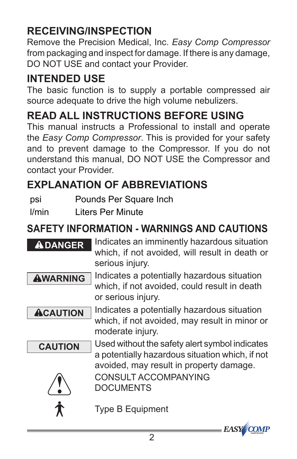 Receiving/inspection, Intended use, Read all instructions before using | Explanation of abbreviations, Safety information - warnings and cautions | Precision Medical PM50 EasyComp Compressor User Manual | Page 3 / 12