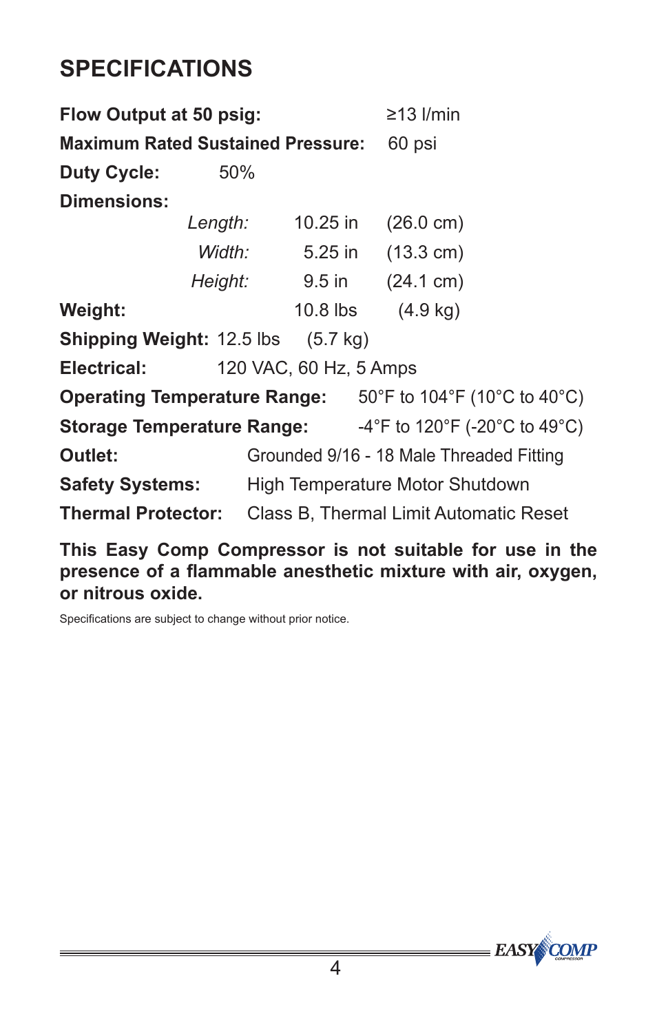 Specifications | Precision Medical PM50 EasyComp Compressor User Manual | Page 5 / 12