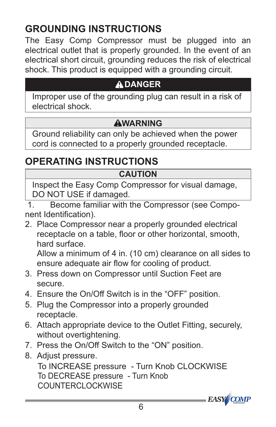 Grounding instructions, Operating instructions | Precision Medical PM50 EasyComp Compressor User Manual | Page 7 / 12