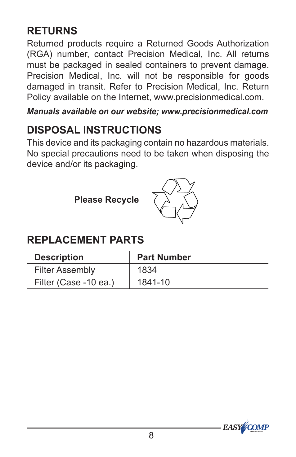 Returns, Disposal instructions, Replacement parts | Precision Medical PM50 EasyComp Compressor User Manual | Page 9 / 12