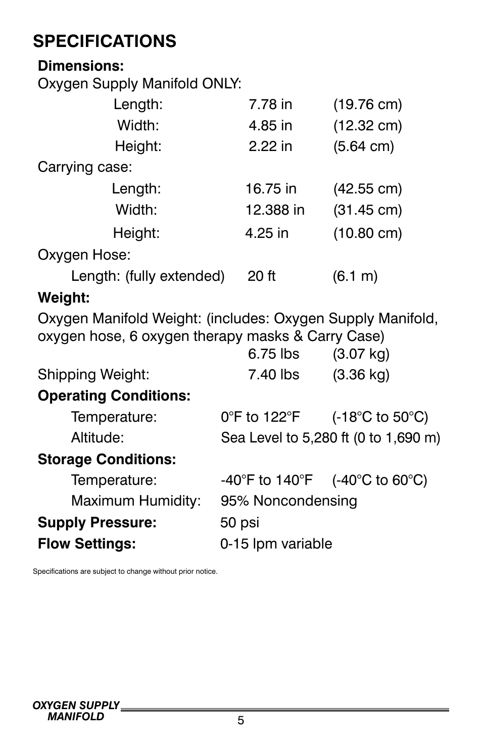 Specifications | Precision Medical Oxygen Supply Manifold User Manual | Page 6 / 12