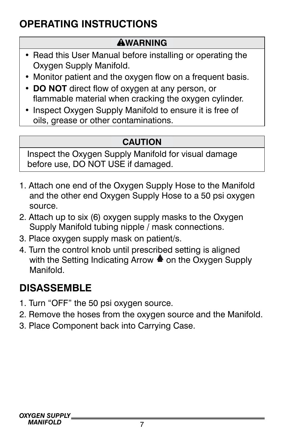 Operating instructions, Disassemble | Precision Medical Oxygen Supply Manifold User Manual | Page 8 / 12
