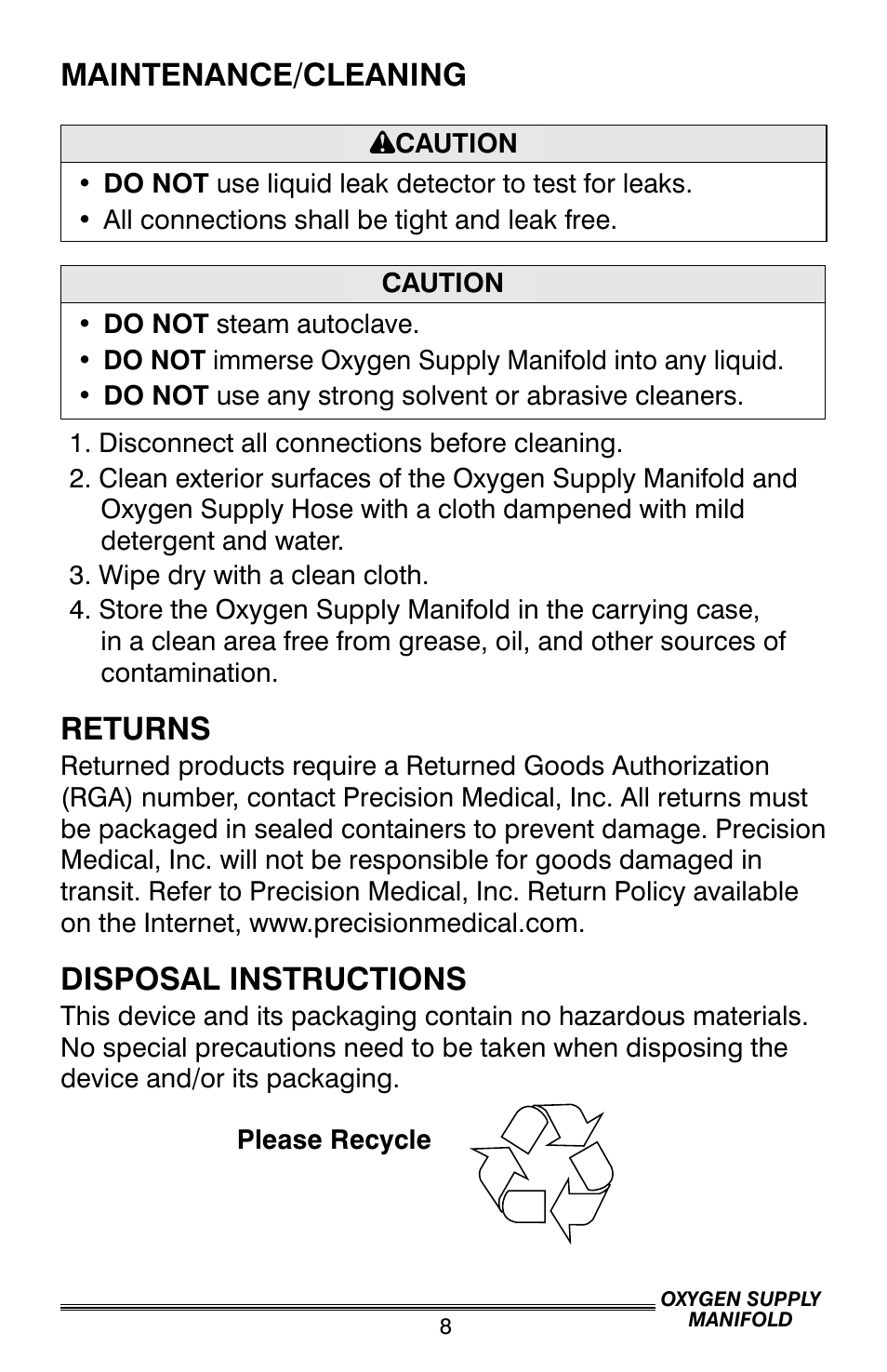 Maintenance/cleaning, Returns, Disposal instructions | Precision Medical Oxygen Supply Manifold User Manual | Page 9 / 12