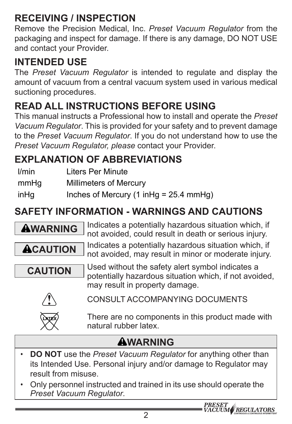 Receiving / inspection, Intended use, Read all instructions before using | Explanation of abbreviations, Safety information - warnings and cautions warning, Caution, Warning | Precision Medical PreSet Continuous Vacuum Regulator 0-200mmHg User Manual | Page 3 / 12