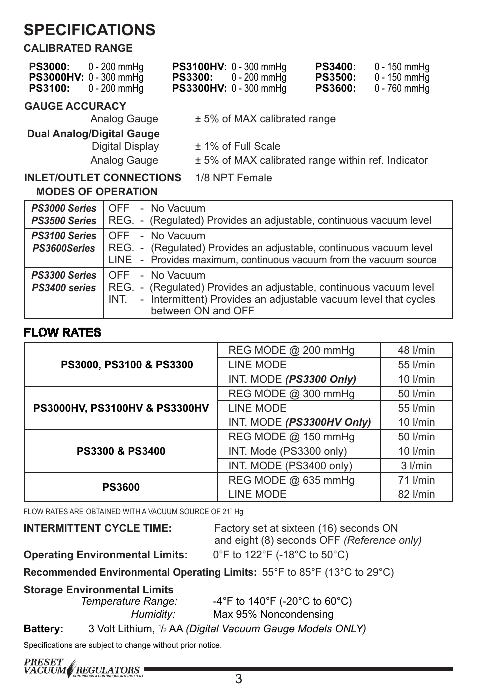 Specifications | Precision Medical PreSet Continuous Vacuum Regulator 0-200mmHg User Manual | Page 4 / 12