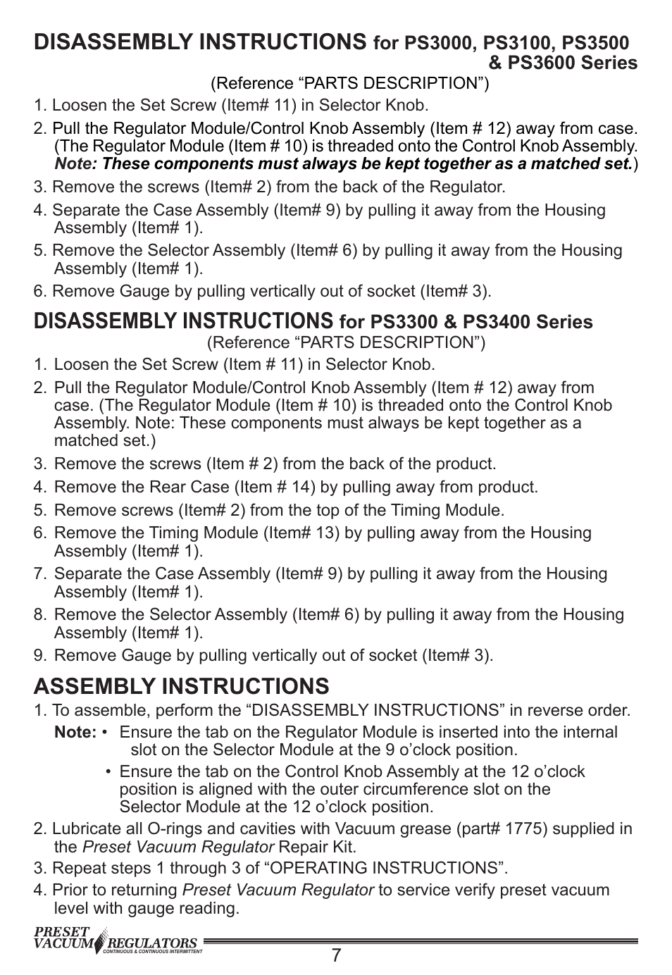 Assembly instructions, Disassembly instructions | Precision Medical PreSet Continuous Vacuum Regulator 0-200mmHg User Manual | Page 8 / 12