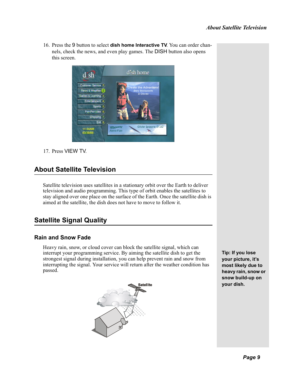 About satellite television, Satellite signal quality | Dish Network Solo 811 User Manual | Page 14 / 110